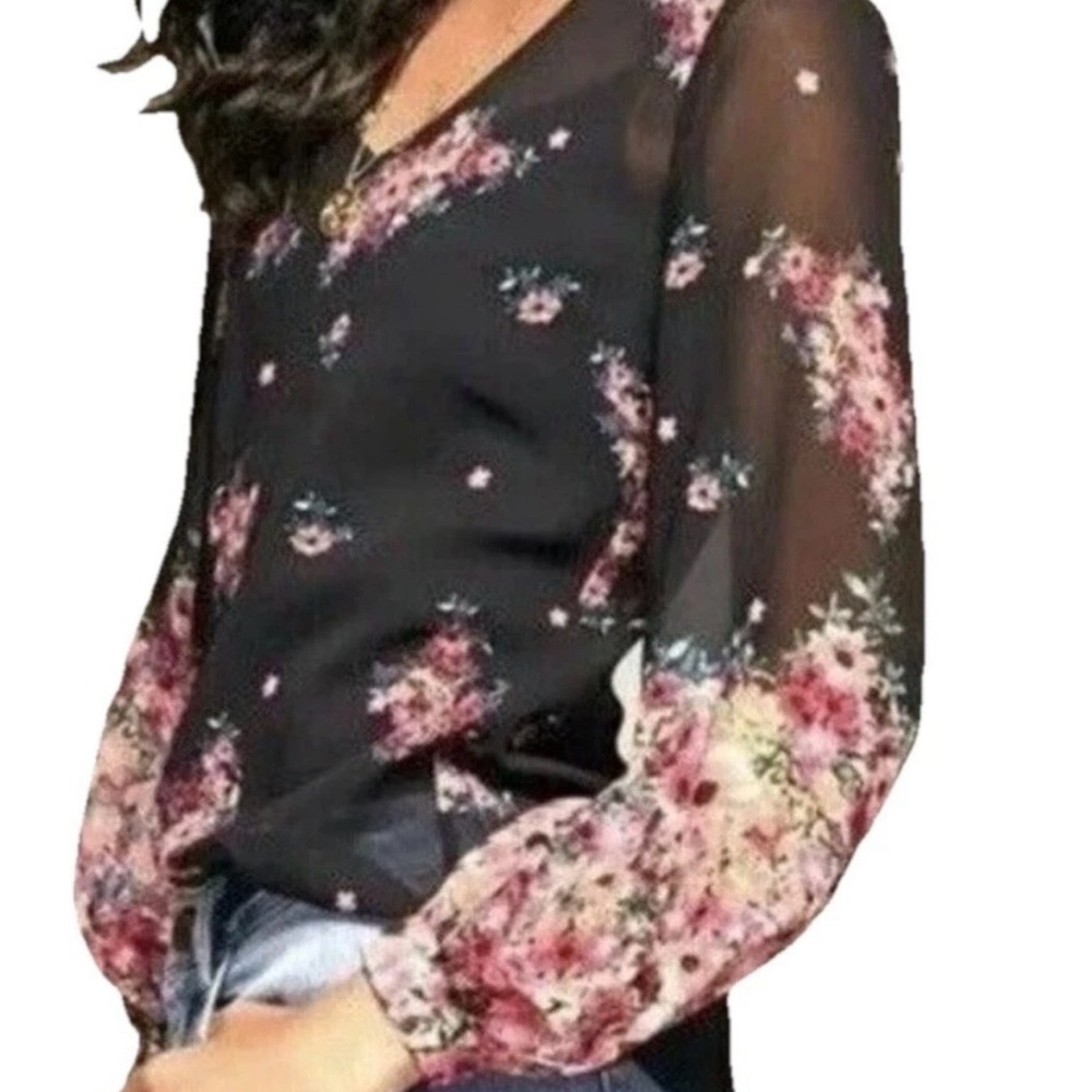 Cabi Blooming Sheer Chiffon Peasant Blouse Sz M Black Floral Ethereal Whimsigoth